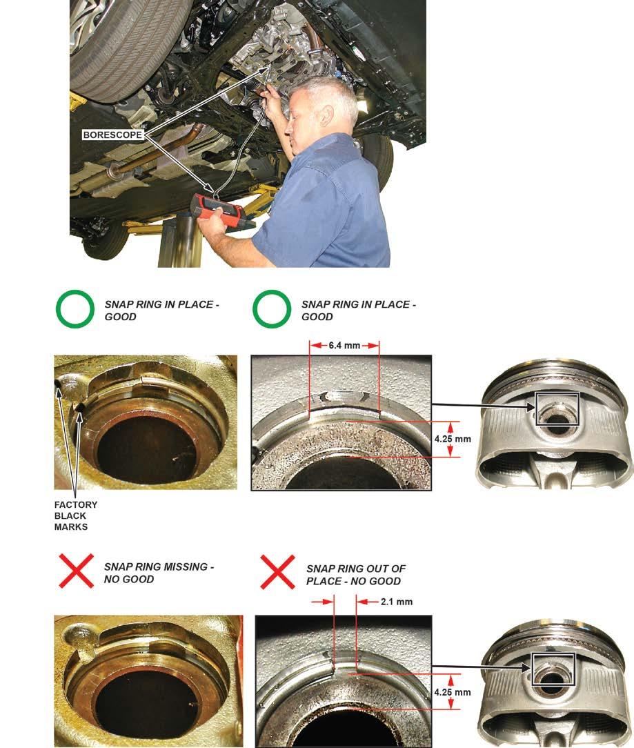 16. Using the Snap-on BK5600 with the 90-degree tip installed, rotate the engine so the No.1 cylinder is at TDC. Carefully insert the tip of the borescope and inspect cylinders No. 1 and No. 4.