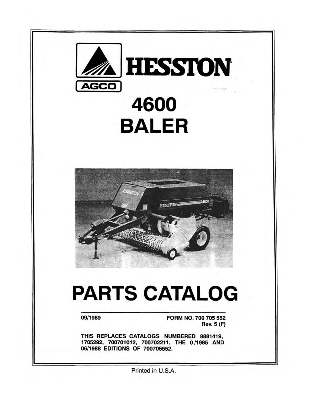 (AGee) HESSION 4600 BALER PARTS CATALOG 09/1989 FORM NO. 700 705 552 Rev.