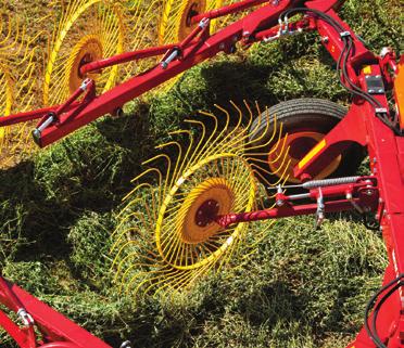 When working in heavy crops like first cuttings, raise the front rake wheel, or for lighter, late-season cuttings, lower the front rake wheel into raking position.