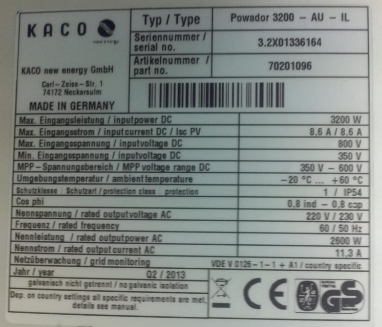 KACO Powador xx00 Series KACO Powador xx00 Series inverters must be manufactured from April 2013 onwards to contain the compatible firmware.