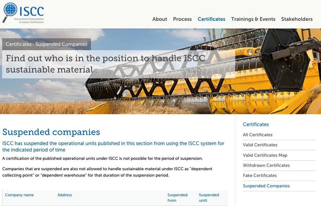 Withdrawn and fake ISCC certificates are published as well as companies suspended from ISCC certification Withdrawn certificates, e.g.