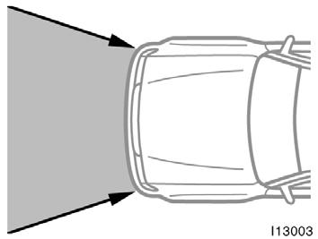 The SRS airbag system is designed to activate in response to a severe frontal impact within the shaded area between the arrows in the illustration.