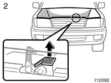 Theft deterrent system 2. In front of the vehicle, pull up the auxiliary catch lever and lift the hood. Before closing the hood, check to see that you have not forgotten any tools, rags, etc.
