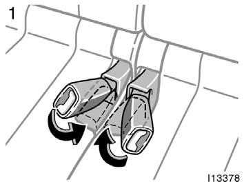 Folding up second seat BEFORE FOLDING UP SECOND SEAT 1. Stow the second seat belt buckles as shown in the illustration.