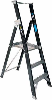 OX FIBREGLASS PLATFORM STEP OX TELESCOPIC ALL-IN-ONE Fibreglass stiles for working around electrical hazards Large anti-skid work platform with raised edges Simply folds out giving a
