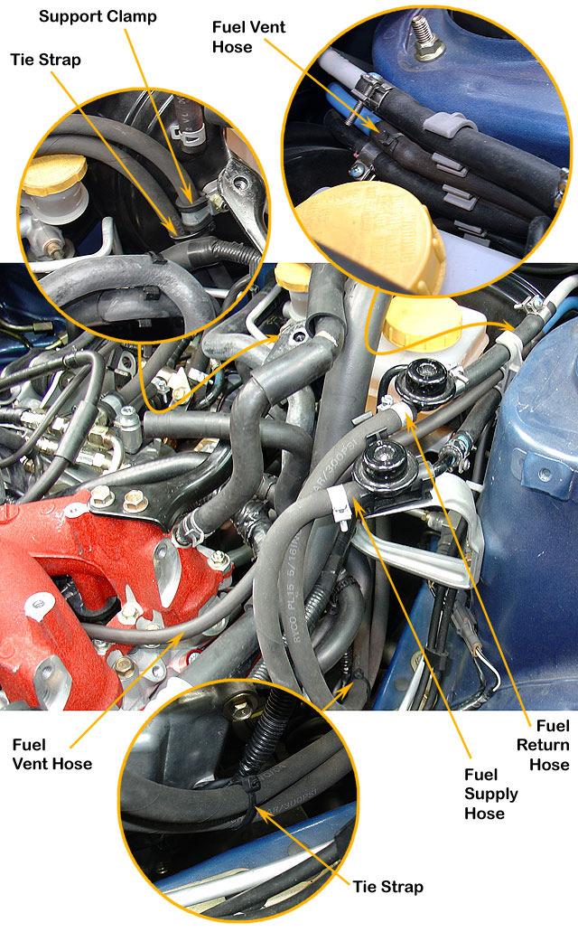 16. Install fuel supply hose (Item 10) and fuel return hose (Item 12) to the stock fuel supply and fuel return lines as shown. Retain with fuel injection hose clamps (Item 18).