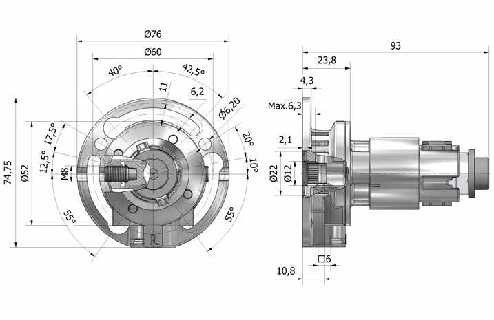 BEVEL GEAR WINCH WITH CLUTCH RATIO 2,6:1 Gear to use on left or right side (PAT). Right and left rotation. Fixing system with clamps. Slip-on adapter for 40, 50 and 60 octagonal tube.