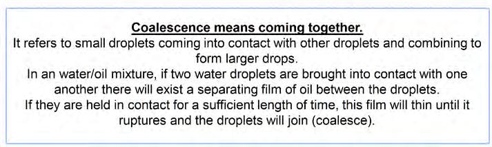As the mixture passes through the coalescer, finely dispersed free water droplets coalesce and merge into larger drops, which are rapidly precipitated.