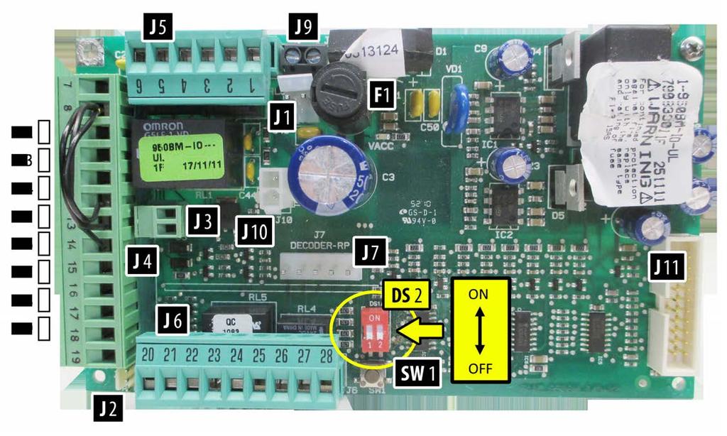 STEP 7: SET THE DIP SWITCHES ON THE I/O BOARD Set the dip switches according to the application. Dip switches are used to apply specific functions to the control. There are 2 sets of dip switches.
