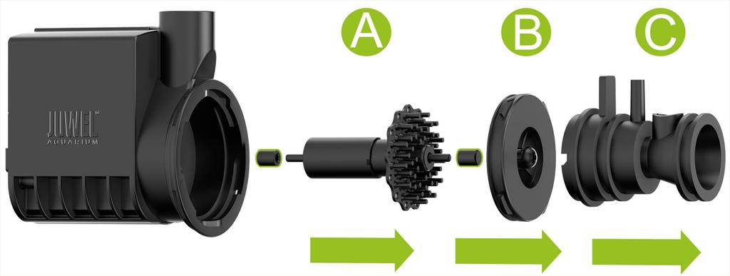 Remove the venturi nozzle (C) from the pump and disconnect the connection ring (B) from the motor by turning it anti-clockwise. 4.