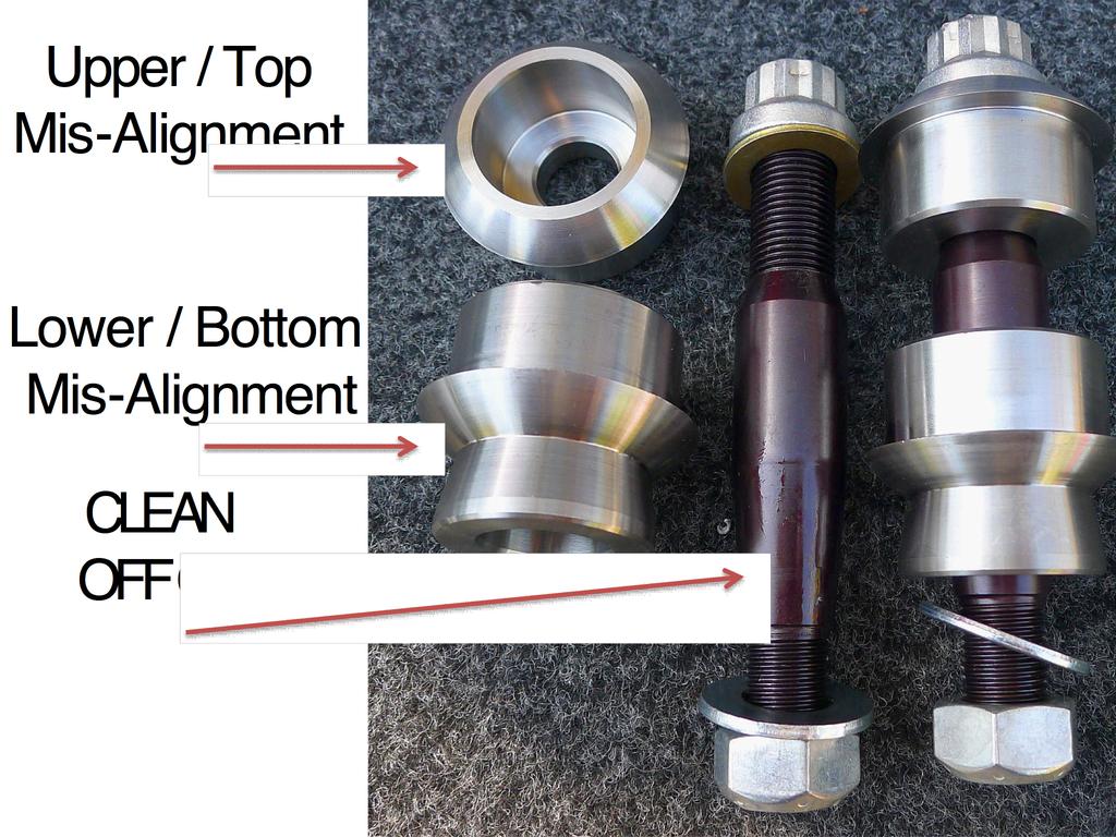 - Guide the upper control arm with mis-alignment spacers down onto the 300m Knuckle pin. Be Careful to not drop the mis-alignments and damage the thin edges.