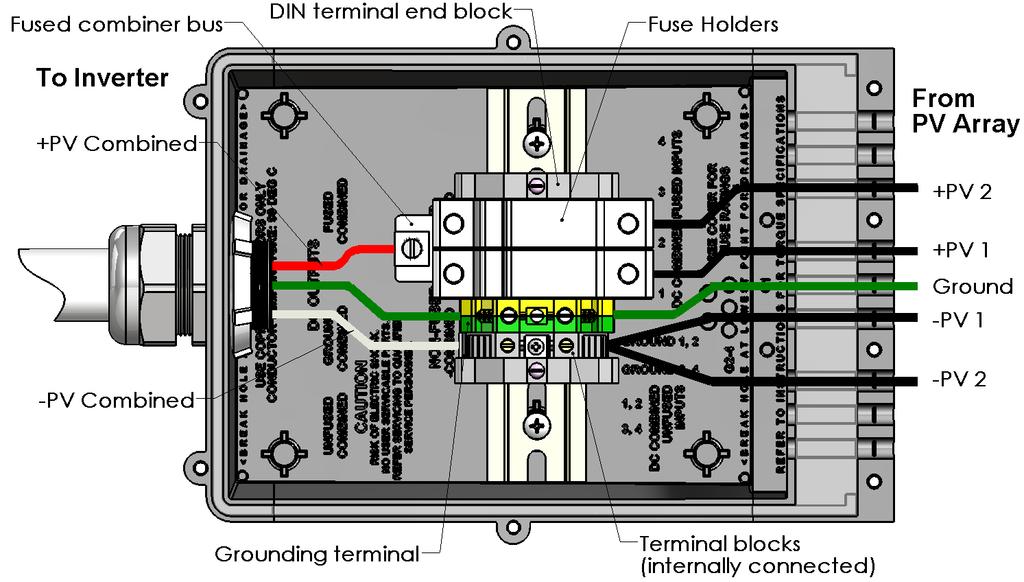 - Two-string fused combiner with DIN rail-mount components, negative ground Figure 18: Wiring Diagram Two-String Fused Combiner