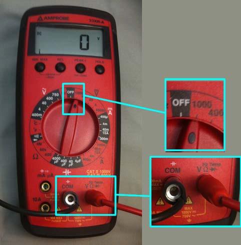 11 Note that: 1. The red wire is connected to the V input. This input can measure either voltage or resistance. Here we will measure DC voltage. 2. The black wire is connected to the COM input.