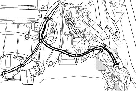 4-4) (h) Route the V5 harness toward the blower assembly area, securing it to the vehicle harness with two wire ties. (Fig.