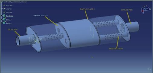 Solid model has perforated baffle plate, non-perforated baffle plate, perforated hole inside chamber of geometry.