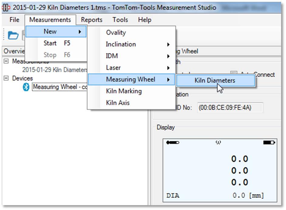 1 Set Up the Measurement Window To set up a new measurement, click on: [Measurement / New / Measuring Wheel / Kiln Diameter] Fig. 6.1.1 The first pier will be displayed as per default More piers can be added by the right mouse click Add pier as shown in Fig.