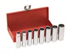 13/16", 7/8", and 15/16" One extension: 5" long One spark plug socket: 5/8" One ratchet Hinged metal box 65510 1/2" Drive Socket Wrench Set, Pc 5.