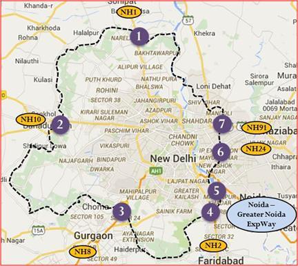 4 Map 1: Survey Locations The study found the following: The number of commercial vehicles entering and leaving Delhi and therefore, crisscrossing the length of the city is massive.