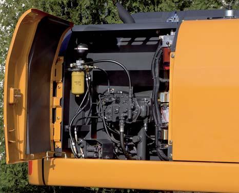 High torque output at low engine speeds, with a large capacity hydraulically driven fan and low sound exhaust muffler, contribute to lower noise levels inside the cab and outside the machine.