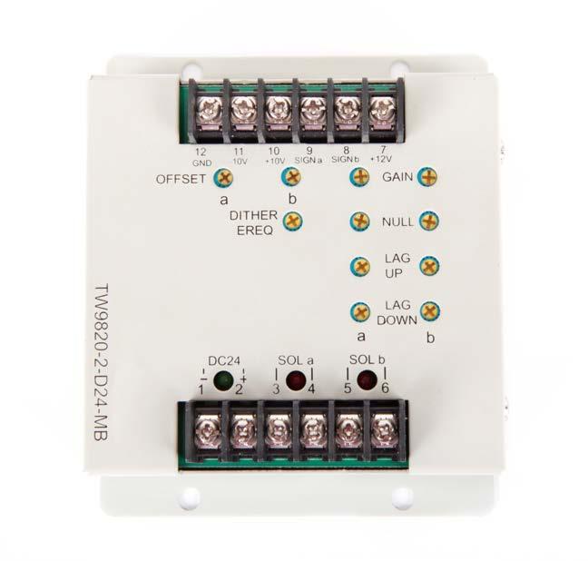 Proportional Valve > Electronic Amplifier P-C Board TW9820-2 MODEL SPEC. Model TW9820-2 Supply Voltage Fuse DC24V 2A Load Coil Resistance 20Ω ( 20 C ) Input Control Voltage 0V ~ +9V Max.