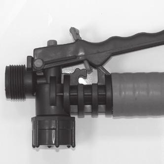 By pressing the hand lever on the shut-off, the valve opens. For safety lock-off feature (no-spraying), pull up on handle and move red locking mechanism into lock-off position as shown in fig. 1.
