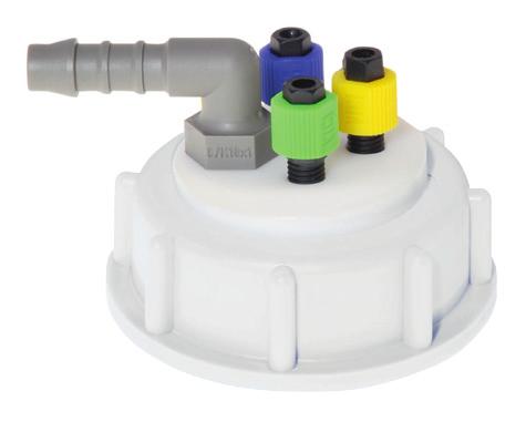 5) Prevents evaporation of volatile compounds Fits to all bottles and canisters with DIN60 thread Available with 4 ports 1/2"-20 port for 1/4" OD tubing available Port for angled, barbed adapter