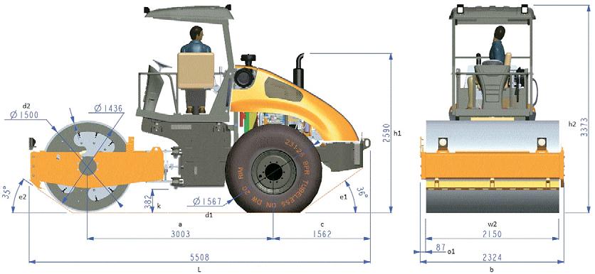 SPECIFICATIONS GENERAL DIMENSIONS D2 S H1 H2 E2 K A D1 C E1 O1 W2 L B DIMENSIONS A Horizontal distance from drum center to tyre center mm 3003 B Overall width of the machine mm 2324 C Rear overhang