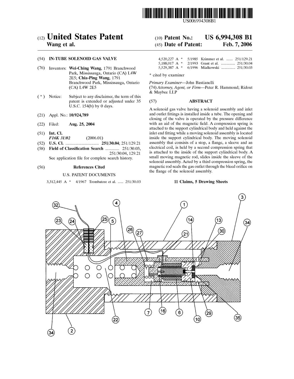 United States Patent USOO69943O8B1 (12) (10) Patent No.: US 6,994,308 B1 Wang et al. (45) Date of Patent: Feb. 7, 2006 (54) IN-TUBE SOLENOID GAS VALVE 4,520,227 A * 5/1985 Krimmer et al.... 251/129.