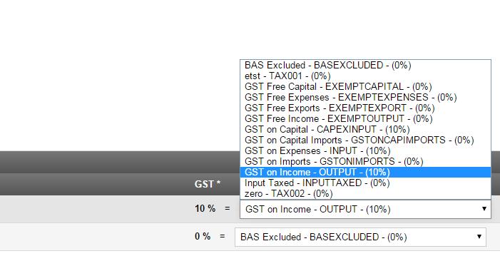 Custom Xero Tax Rates Mapping Example Note: GST Tax selection expanded
