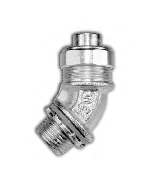 45 Angle Connectors Size Range: 3/8 to 4 Liquid Tight Connectors - 45º Reusable Fittings Industrial specification grade steel, zinc plated Malleable iron body UL rated Liquid Tight Includes sealing