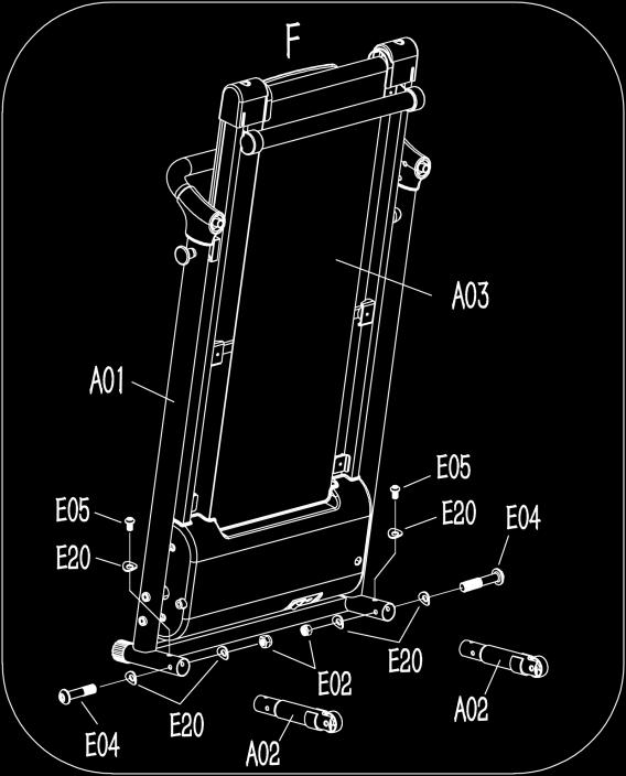 STEP 2: Notice: Support Main frame (A03) at position F with one hand to prevent it from falling down during assembly.