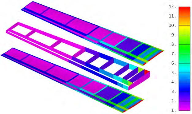 Figure 52: Final thickness distribution [mm] of the composite material layers along the 4PAX (on the left) and 6PAX (on the right) horizontal tails.