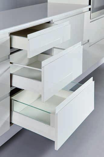 white with round rails Middle drawer: Pan system in grey with glass
