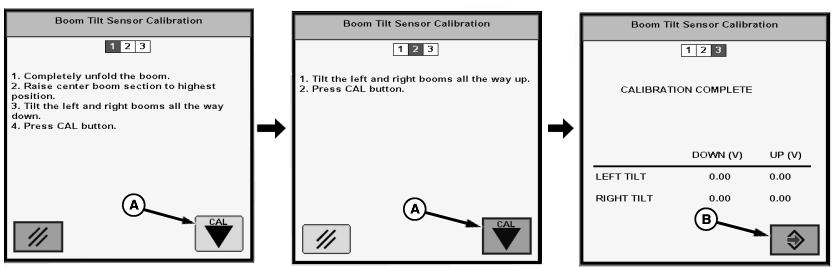 3. Select the Boom Calibration tab (B). 4. Select the Calibration icon (C) next to Tilt Sensor Calibration. 5. The Boom Tilt Sensor Calibration screen will appear.