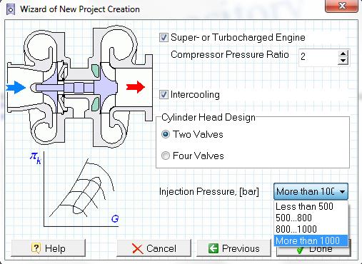 For completing this step it was found that the chosen engine is turbocharged, with intercooler and with two valves per cylinder, but the values for the compressor pressure ratio and injection