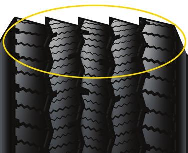 If wear is severe, rotate tires. Sawtoothed / Feathered Tread ribs worn so that one side is higher, resulting in step-offs across the tread.