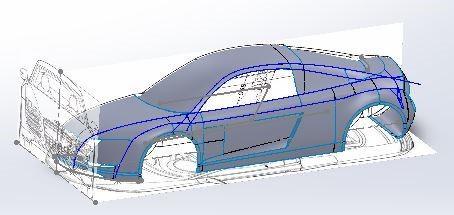 Fig-1: Surface generation in Solidworks Fig-4: Model with air dam and splitter Fig-2: Completed CAD model of Audi R8 in Solidworks Fig-5: