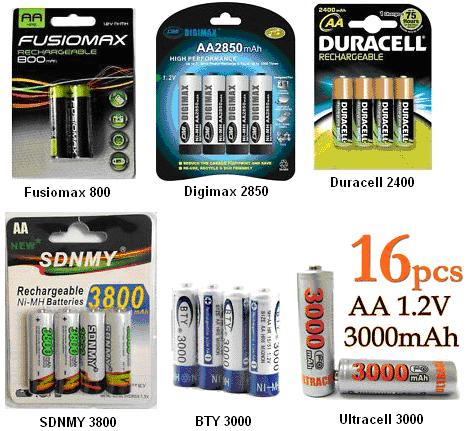 six different types of these batteries which I tested in groups of four, with a load of about 50