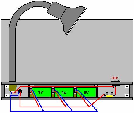 The physical layout of the components could be like this: Here, the weight of the solar panel and the three battery packs give the unit stability if the lamp is bent in any direction.