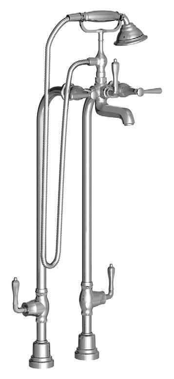 BATHROOM FAUCETS COLLECTION Floor Mount Tub Filler with Lever Handles Rough valve included. 25-3/8" (645 mm) floor to center of handle. Hand shower maximum flow rate: 1.8 gpm (6.8 L/min).