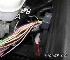 Once you clip the wire indicated by the X, tape or shrink wrap the wire that goes back under the fuse block (figure 6D-B) as it will no longer be used.