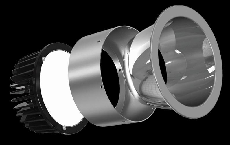The downlight module features an integrated cast aluminum thermal design,