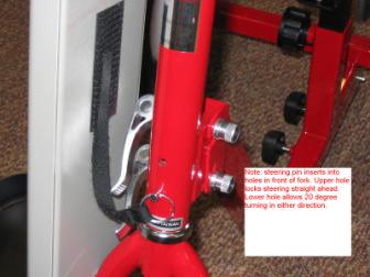 The loop strap attaches to hook strap on inside of chain guard so the part will not be misplaced. The top hole locks the steering straight ahead.