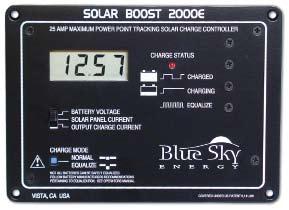 The display shows battery voltage, solar current, charge current and charge mode, either in the controller, as a remote panel installed up to 300 feet away, or both.