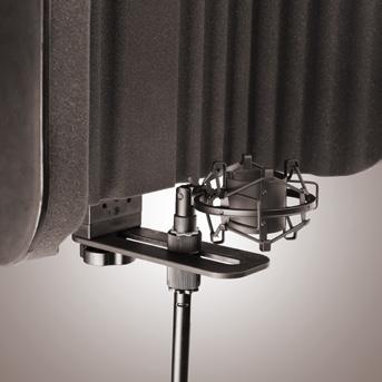 Attaching the Microphone 4 1. Attach a shock mount or microphone clip to the threaded stud of the smaller 5/8" adapter that extends above the sliding mounting bracket. 4. Once you are sure it is securely attached, you can insert the microphone into the shock mount or mic clip.