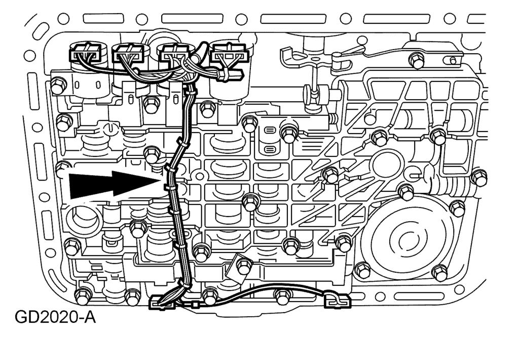 307-01-27 Automatic Transmission 5R44E and 5R55E 307-01-27 110. CAUTION: Excessive pressure may break the locating pins. Install the wiring loom protector and guide.