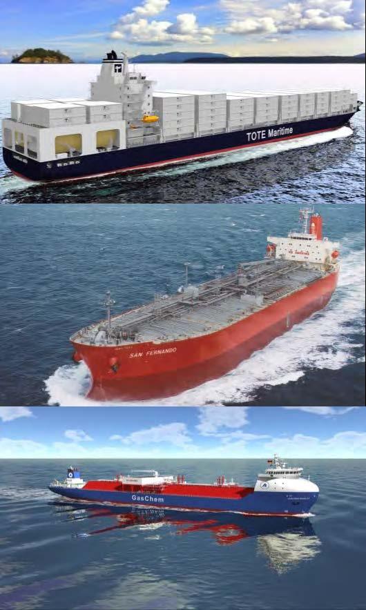 A dual fuel hat trick 3 x World s first duel fuel driven ships equipped with MAN B&W engines World s first NG driven ocean going ship Owner: TOTE Ship type: Container ship Capacity: 3,100 Teu Dual