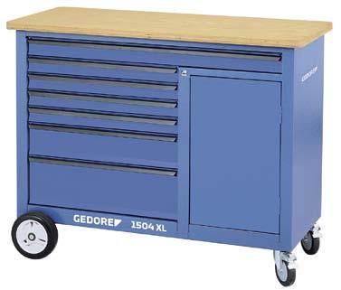 Workshop Equipment 1504 XL Mobile workbench extra width Body: Dimensions: H 985 x W 1250 x D 550 mm 30 mm thick multiplex beech wood worktop, surface additionally protected by linseed oil varnish