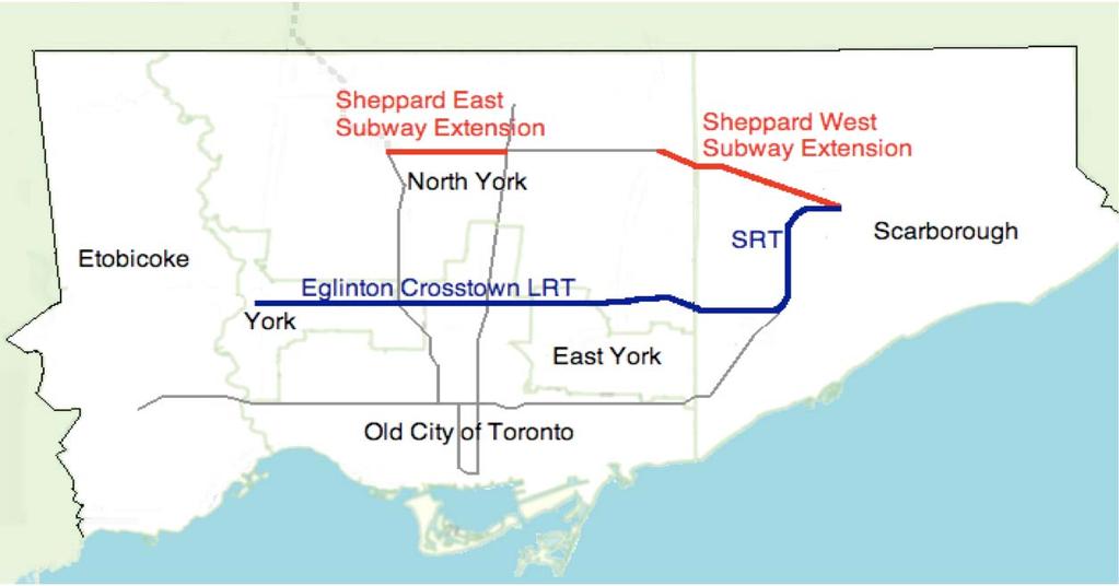 Comparison of plans Mayor Ford s larger plan Cost: $12.5 billion Length: 37 km Committed provincial funds for LRT (in blue): 25 km for $8.