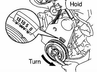 ^ When matchmark is misaligned counterclockwise: After aligning the matchmark, hold the timing belt, turn the crankshaft